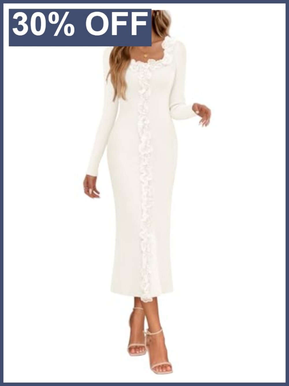 MEROKEETY Womens Long Sleeve Ruffle Trim Bodycon Sweater Dress